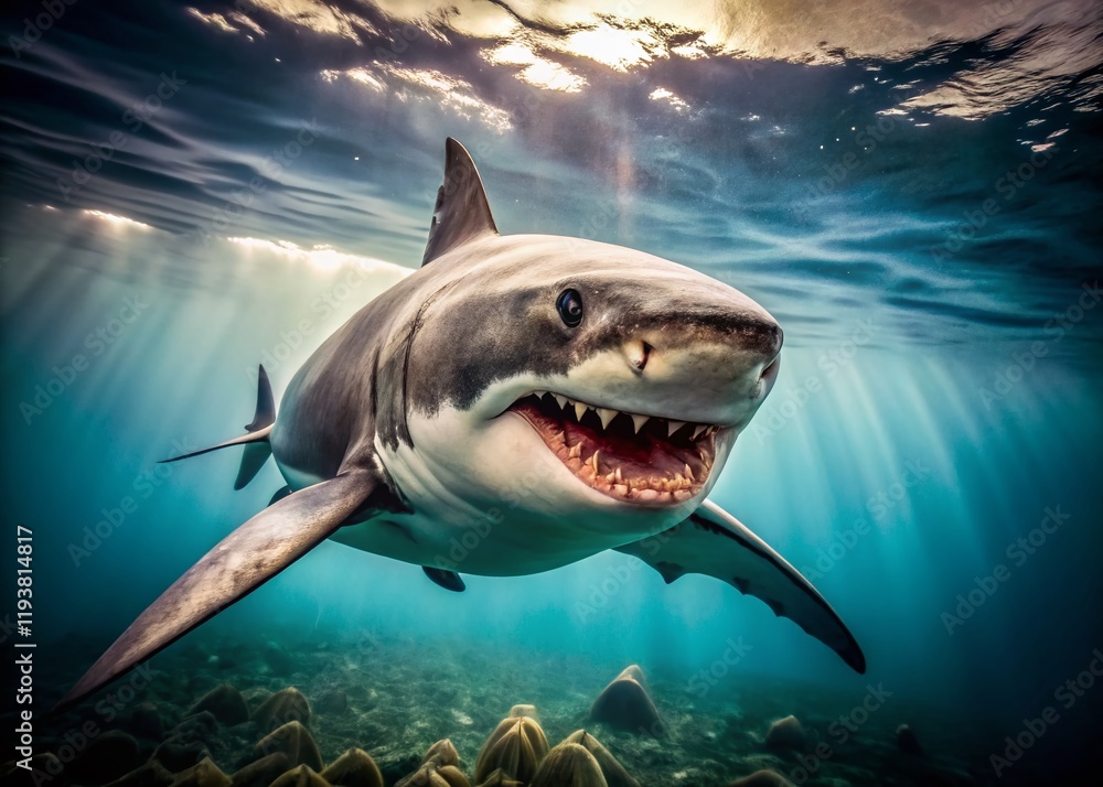 Fototapeta premium Vintage Underwater Great White Shark Close-Up: Jaws, Teeth, Ocean