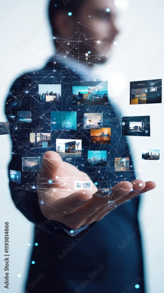Young caucasian male displaying futuristic holographic technology with digital images Young caucasian male displaying futuristic holographic technology with digital images