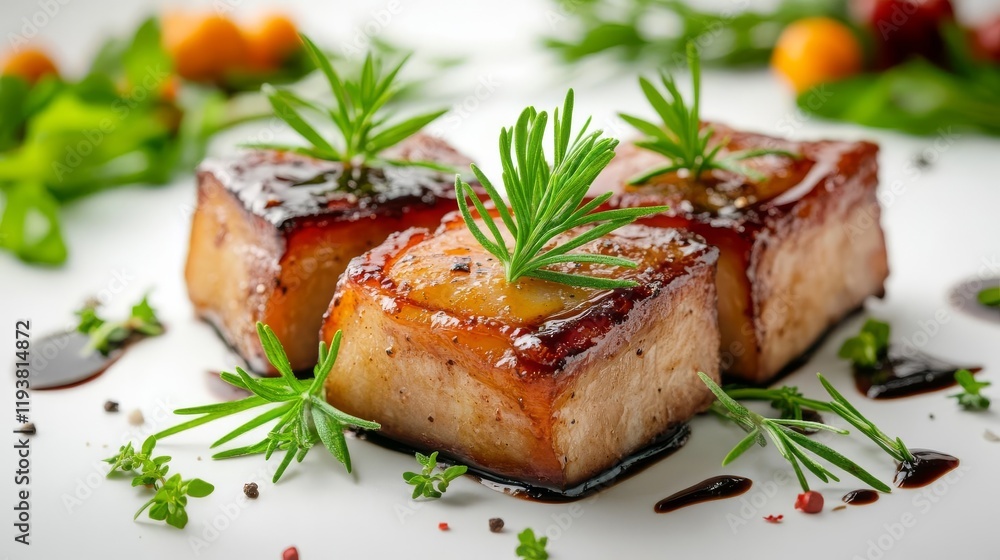 Fried pork belly with balsamic glaze, modern gourmet touch, glossy finish, isolated on white background Fried pork belly with balsamic glaze, modern gourmet touch, glossy finish, isolated on white background