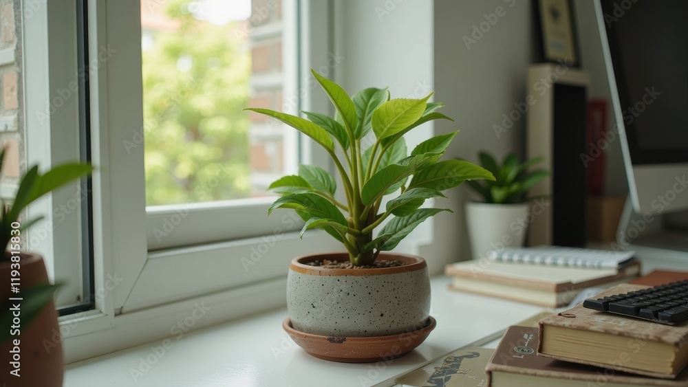 Fototapeta premium A lush plant emerges from a speckled gray pot on a pristine white desk, its brown-rimmed base catching light, evoking serene growth indoors