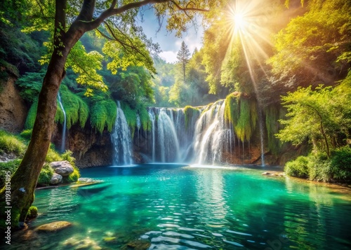Vintage Waterfall Landscape: Turquoise Lake & Majestic Cascade
