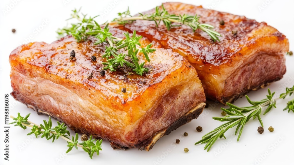Fried pork belly with fresh herbs, garnished with rosemary and thyme, vibrant presentation, isolated on white background Fried pork belly with fresh herbs, garnished with rosemary and thyme, vibrant presentation, isolated on white background