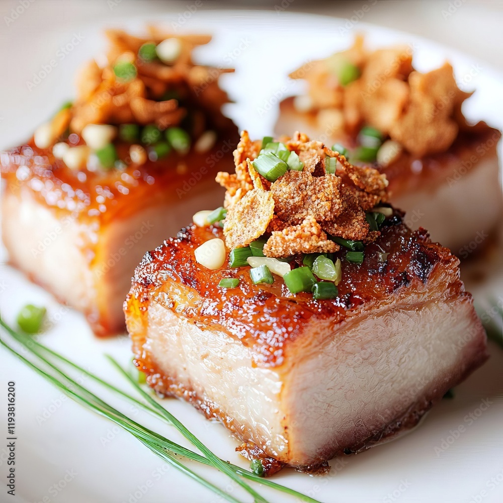 Fried pork belly with garlic chips, crispy and aromatic garnish, plated neatly, isolated on white background Fried pork belly with garlic chips, crispy and aromatic garnish, plated neatly, isolated on white background