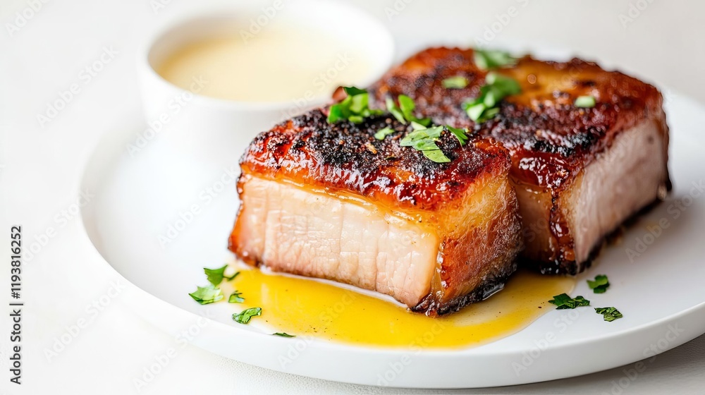 Fried pork belly with garlic butter, melting sauce detail on crispy pork, isolated on white background Fried pork belly with garlic butter, melting sauce detail on crispy pork, isolated on white background