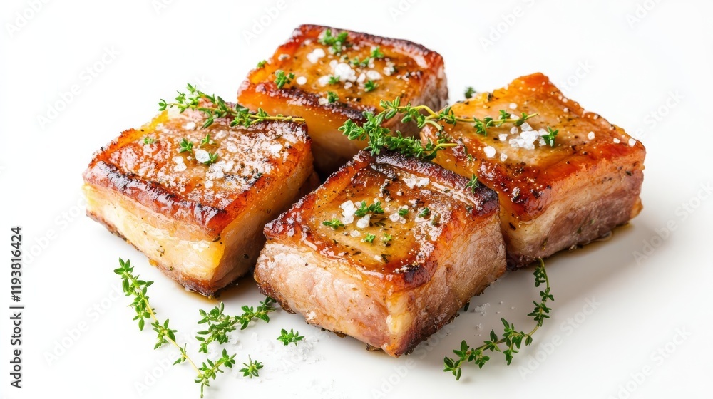 Fried pork belly with herbs, rustic food styling, garnished with thyme and sea salt, isolated on white background Fried pork belly with herbs, rustic food styling, garnished with thyme and sea salt, isolated on white background