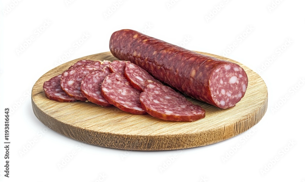 Juicy German sausage on a wooden plate isolated on white background, sauerkraut, German cuisine Juicy German sausage on a wooden plate isolated on white background, sauerkraut, German cuisine