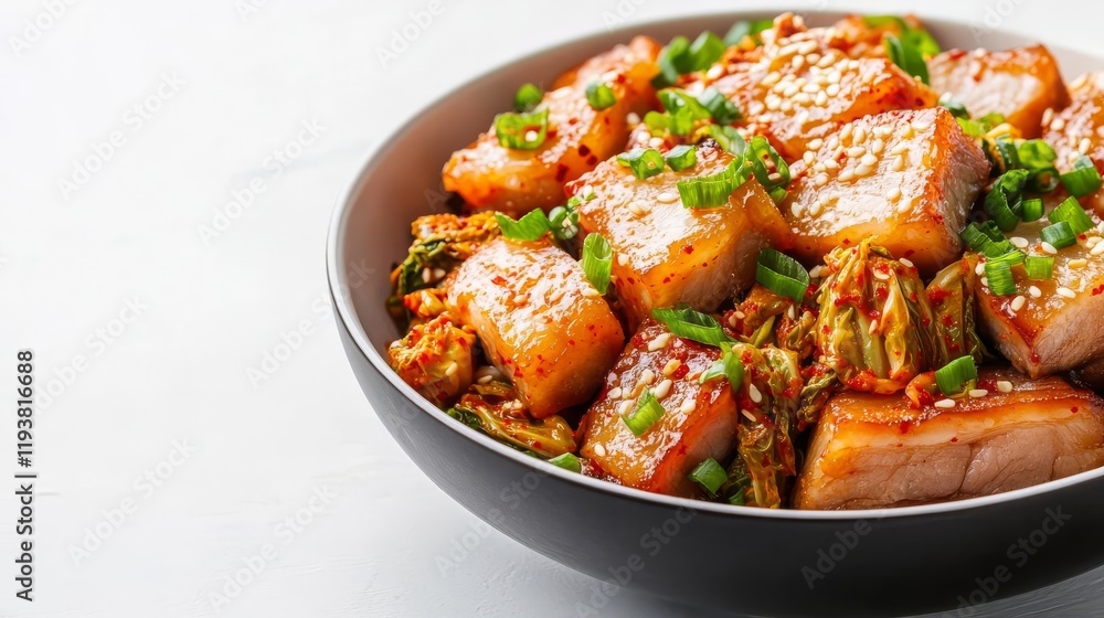 Fried pork belly with kimchi, Korean-inspired dish, vibrant and spicy, isolated on white background Fried pork belly with kimchi, Korean-inspired dish, vibrant and spicy, isolated on white background