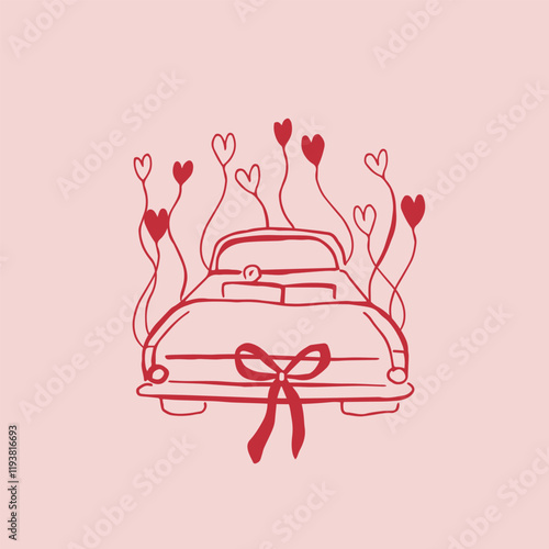 Whimsical wedding car with bow and hearts. Doodle vector illustration