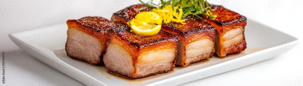 Fried pork belly with lemon zest garnish, fresh citrus detail, plated elegantly, isolated on white background Fried pork belly with lemon zest garnish, fresh citrus detail, plated elegantly, isolated on white background