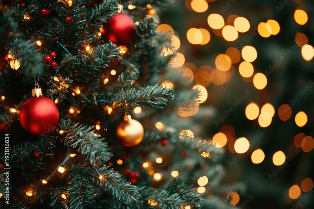 Vibrant Christmas Tree Scene with Bokeh Effect and Golden Lights Vibrant Christmas Tree Scene with Bokeh Effect and Golden Lights