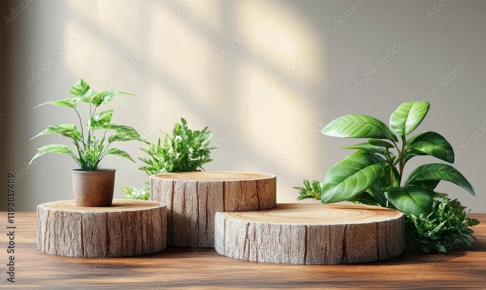 Minimalist Wooden Log Display with Green Plants and Natural Lighting Minimalist Wooden Log Display with Green Plants and Natural Lighting