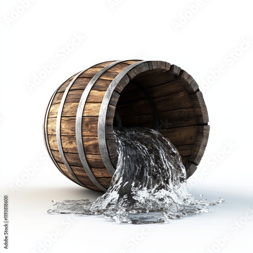 A wooden barrel of water fell over and is pouring out, isolated on a white background.  photo