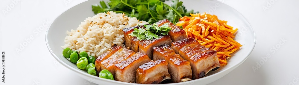 Fried pork belly with steamed jasmine rice, traditional Asian dish, minimalist plating, isolated on white background Fried pork belly with steamed jasmine rice, traditional Asian dish, minimalist plating, isolated on white background