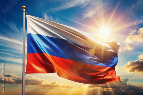 Waving Russian Flag in Sunlight, Bokeh Background, Patriotic Stock Photo photo