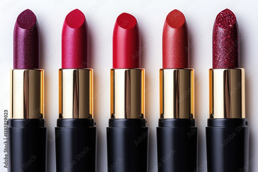 Various shades of lipstick arranged in a straight line showcasing different colors and finishes Various shades of lipstick arranged in a straight line showcasing different colors and finishes