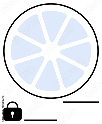 Circular segmented graphic with lock icon. Segments radiate outward, suggesting secure information sharing. Ideal for cybersecurity, data privacy, safe storage, encryption, system protection