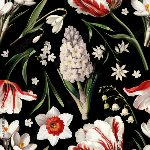 Seamless vector pattern with white and red spring flowers isolated on a changeable background. Vintage painting style illustration.
