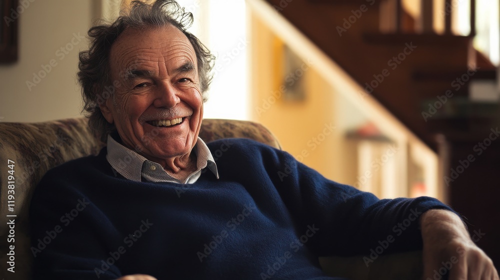 Obraz premium Elderly man sitting in living room smiling in comfortable armchair with warm light