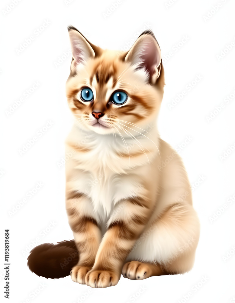 Obraz premium Cute tabby Sacred Birman cat kitten, sitting up side ways. Looking straight to camera with breed specific blue eyes. Isolated cutout on a transparent background, vector style. isolated with white hi