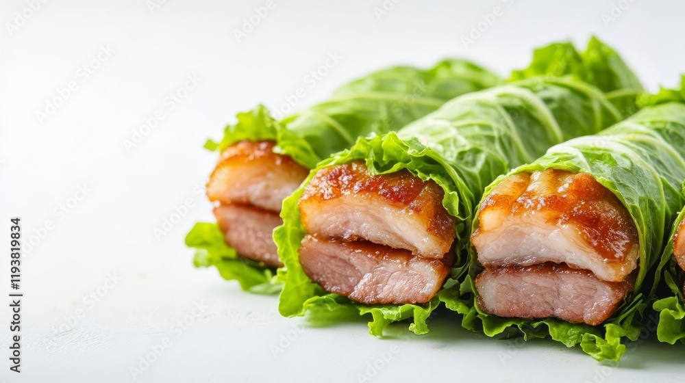 Fried pork belly wrapped in fresh lettuce, health-conscious finger food, isolated on white background
