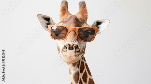 A stylish giraffe with sunglasses, showcasing its unique charm against a vibrant jungle backdrop. photo