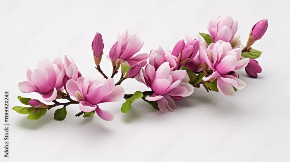 Obraz premium Delicate pink magnolia blooms stand out majestically against a crisp white background, showcasing their beauty.