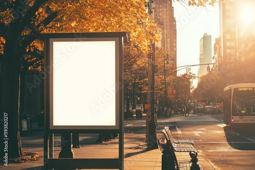 Fototapeta Naklejka Na Ścianę i Meble -  Bus stop bilboard mock up fall colours, golden hour