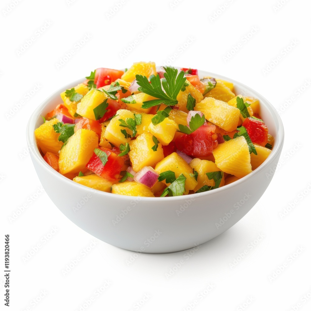 A bowl of tropical fruit salsa with mango and pineapple chunks, isolated white background, hyperrealism art style A bowl of tropical fruit salsa with mango and pineapple chunks, isolated white background, hyperrealism art style