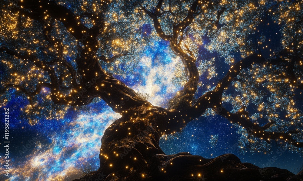 Obraz premium A mystical tree with branches reaching up to a star-filled night sky, symbolizing a connection between earth and cosmos, connection, stars