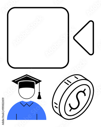 Graduation cap symbolizes education, video icon for online learning, and coin represents costs. Ideal for virtual education, e-learning platforms, tuition fees, knowledge access, financial aid