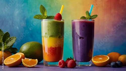 A tall transparent glass filled with layered rainbow smoothies (red, orange, yellow, green, blue, purple), topped with fresh fruits and mint. Vibrant, colorful background. photo