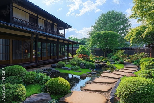 Summer Garden and Wooden House in a Serene Japanese Setting with Natural Light photo