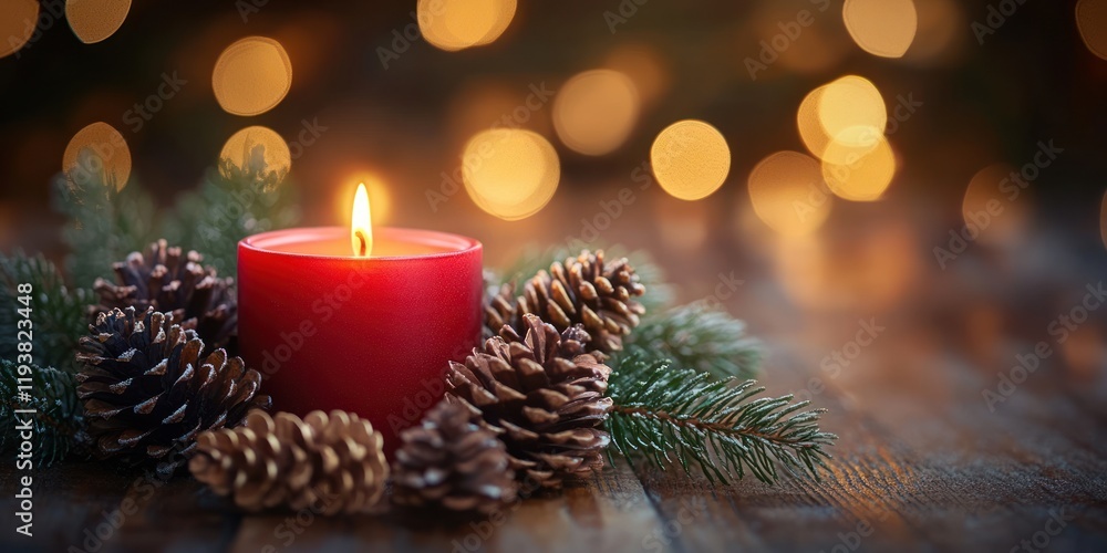 Cozy Holiday Scene with Red Candle Pine Cones Evergreen Branches Soft Bokeh Lights Rustic Wooden Background Cozy Holiday Scene with Red Candle Pine Cones Evergreen Branches Soft Bokeh Lights Rustic Wooden Background