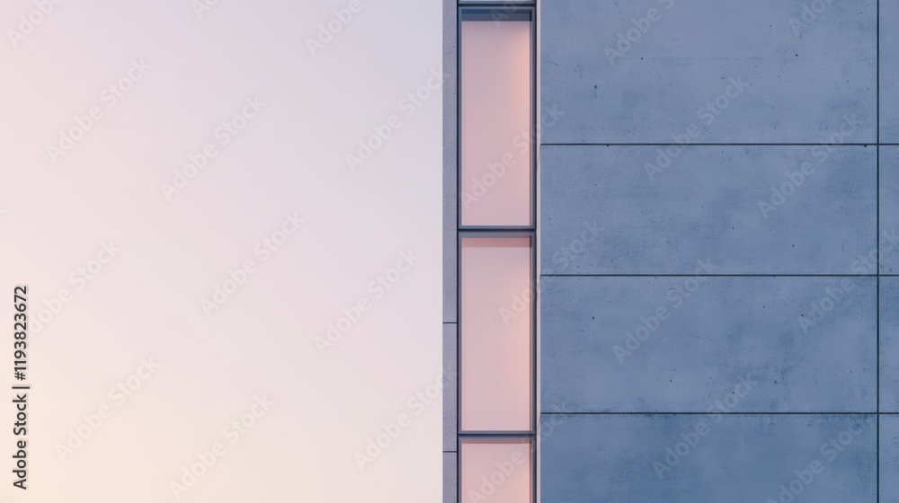 Fototapeta premium Modern architectural design showcasing a minimalist building facade with smooth concrete surfaces and large, vibrant windows reflecting the soft hues of the early evening sky.