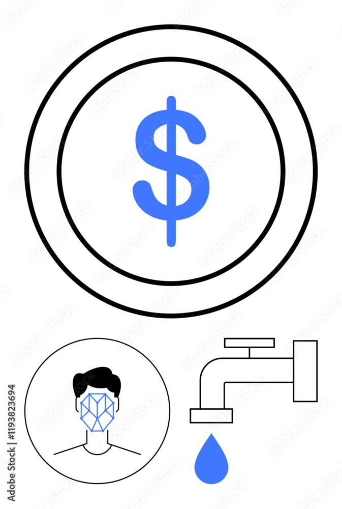 Dollar coin, stylized human face with recognition grid, faucet dripping water. Ideal for finance, biometrics, technology, sustainability, AI, surveillance and abstract line flat metaphor Dollar coin, stylized human face with recognition grid, faucet dripping water. Ideal for finance, biometrics, technology, sustainability, AI, surveillance and abstract line flat metaphor