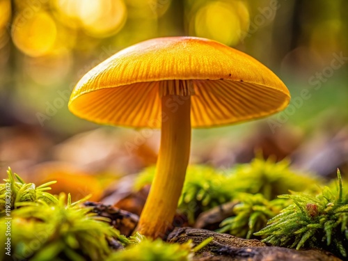 Yellow Field Cap Mushroom, Bolbitius titubans, Egg Yolk Fungus, Detailed Macro Photography photo