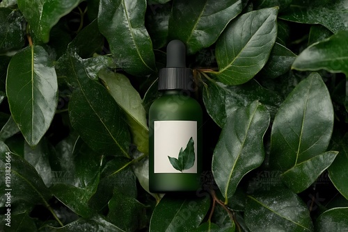 Stylish Green Bottle with Blank Label Amidst Leaves