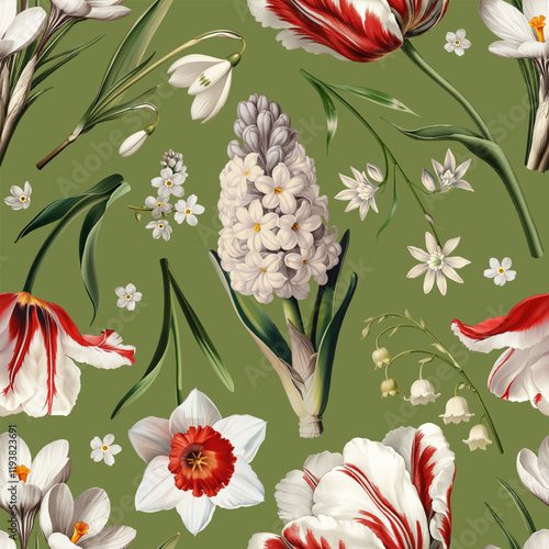 Seamless vector pattern with white and red spring flowers isolated on a changeable background. Vintage painting style illustration.