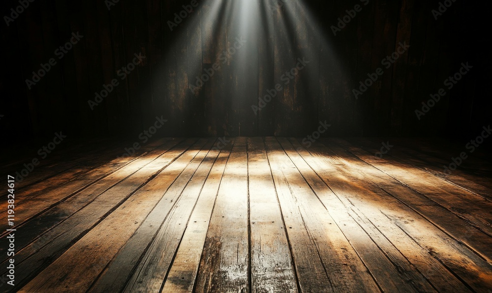 A spotlight shines down on an empty rustic wooden stage casting a sense of isolation and solitude over the space, wooden, isolation A spotlight shines down on an empty rustic wooden stage casting a sense of isolation and solitude over the space, wooden, isolation