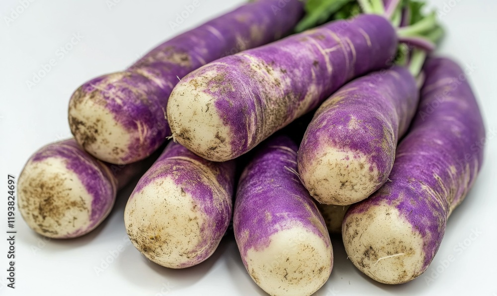 A pile of radishes with purple tops on a white surface, market fresh, garden fresh A pile of radishes with purple tops on a white surface, market fresh, garden fresh