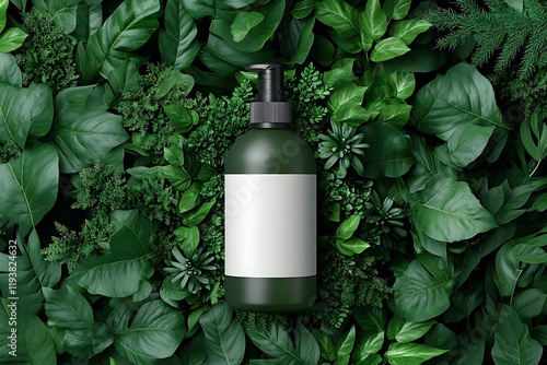 Modern Green Skincare Bottle Surrounded by Natural Elements