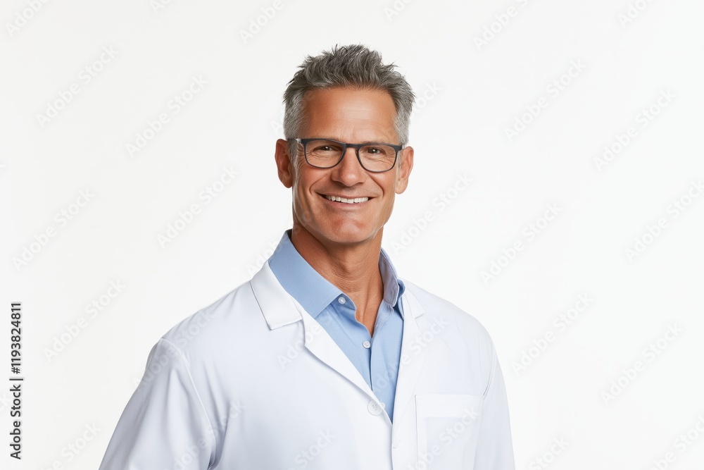 Fototapeta premium A confident and smiling male doctor in a white coat and glasses stands against a clean white background, radiating professionalism and friendliness