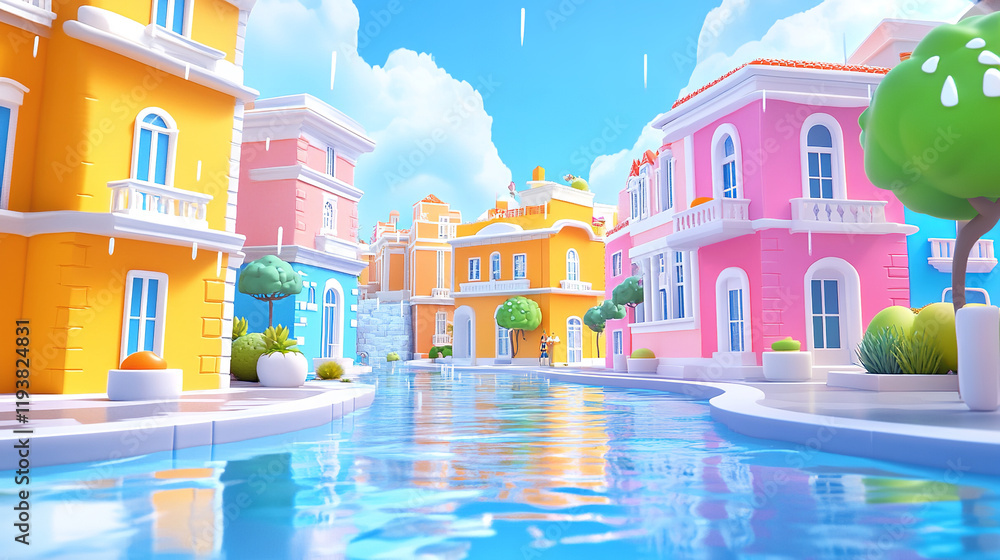 The image depicts a vibrant, colorful street scene with buildings in pastel hues of yellow, pink, blue, and orange The image depicts a vibrant, colorful street scene with buildings in pastel hues of yellow, pink, blue, and orange