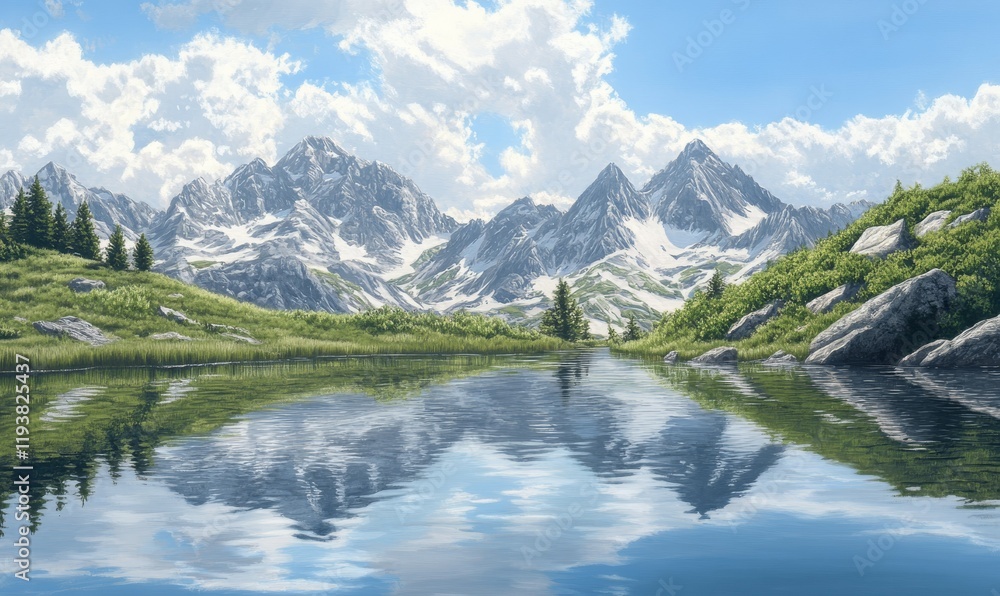 Fototapeta premium Serene Mountain Lake Reflecting Majestic Peaks