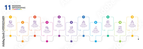 Infographic process design with icons and 11 options or steps.