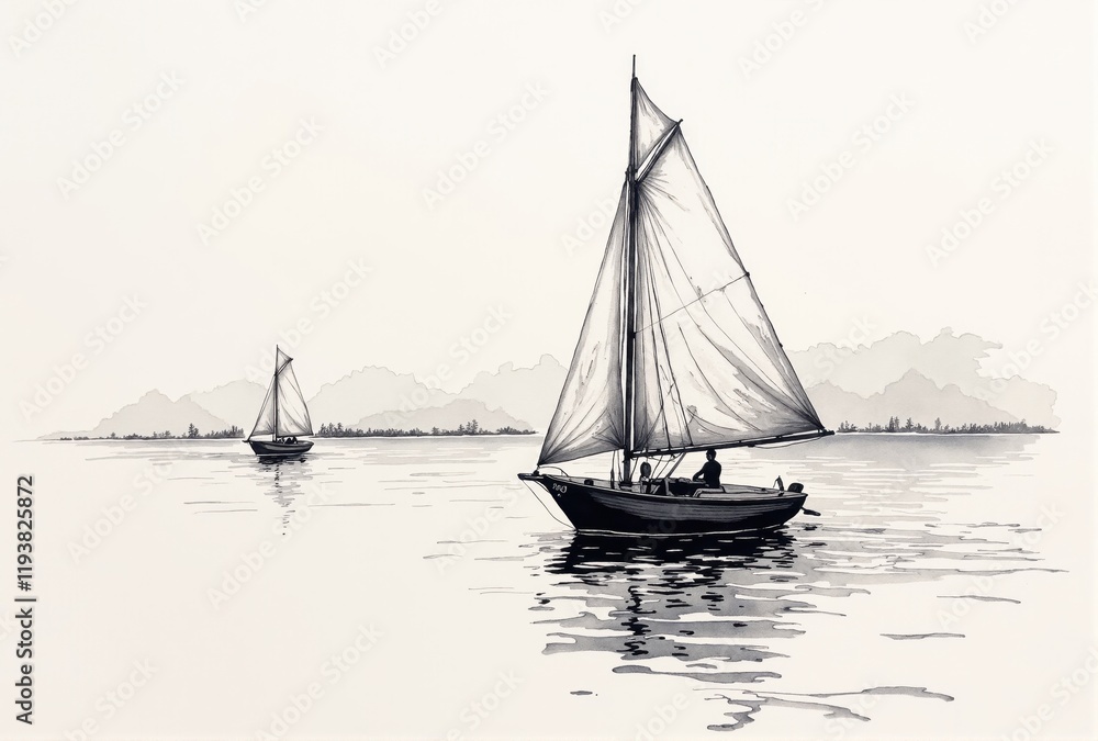 Fototapeta premium Two Sailboats on Calm Water with Distant Hills