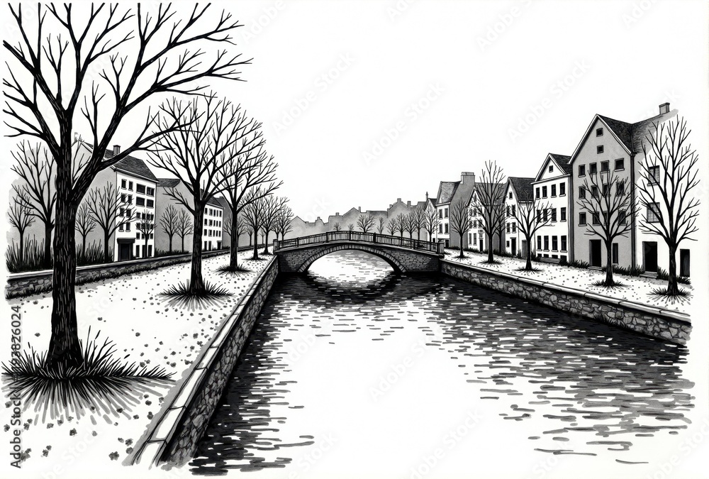 Fototapeta premium Canal Scene with Stone Bridge and Buildings