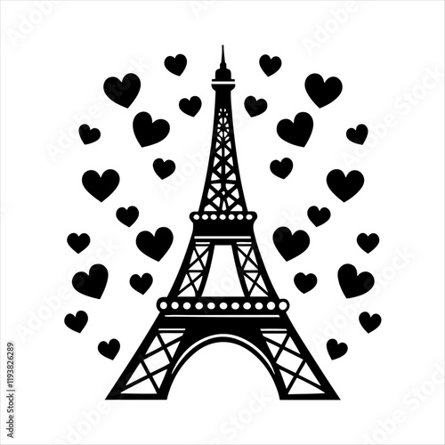Eiffel Tower with hearts surrounding it for a Parisian romance vibe.