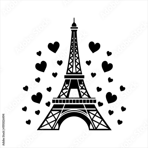 Eiffel Tower with hearts surrounding it for a Parisian romance vibe.