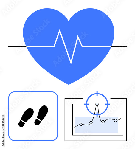 Blue heart with heartbeat line, black footsteps icon, and a progress graph with target symbol. Ideal for wellness, fitness, health monitoring, medical tools, exercise, data analysis abstract line